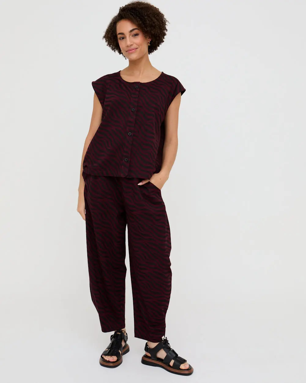 Jae Burgundy Tiger Print Barrel Leg Trouser Turtledove London