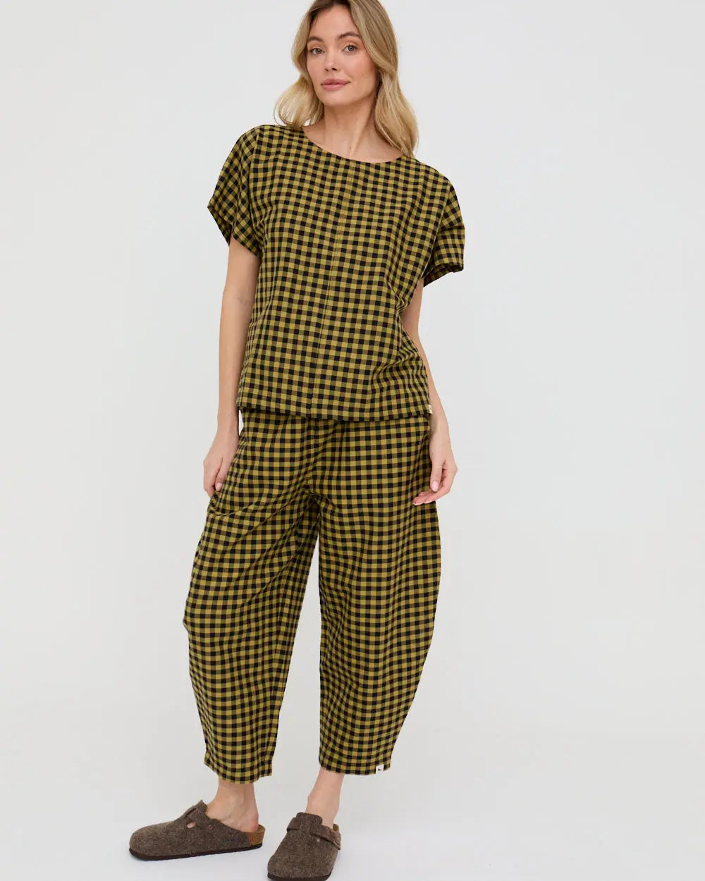 Jae Mustard Check Print Barrel Leg Trouser Turtledove London