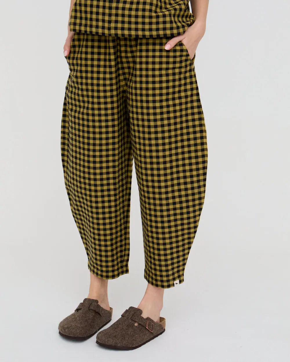 Jae Mustard Check Print Barrel Leg Trouser Turtledove London