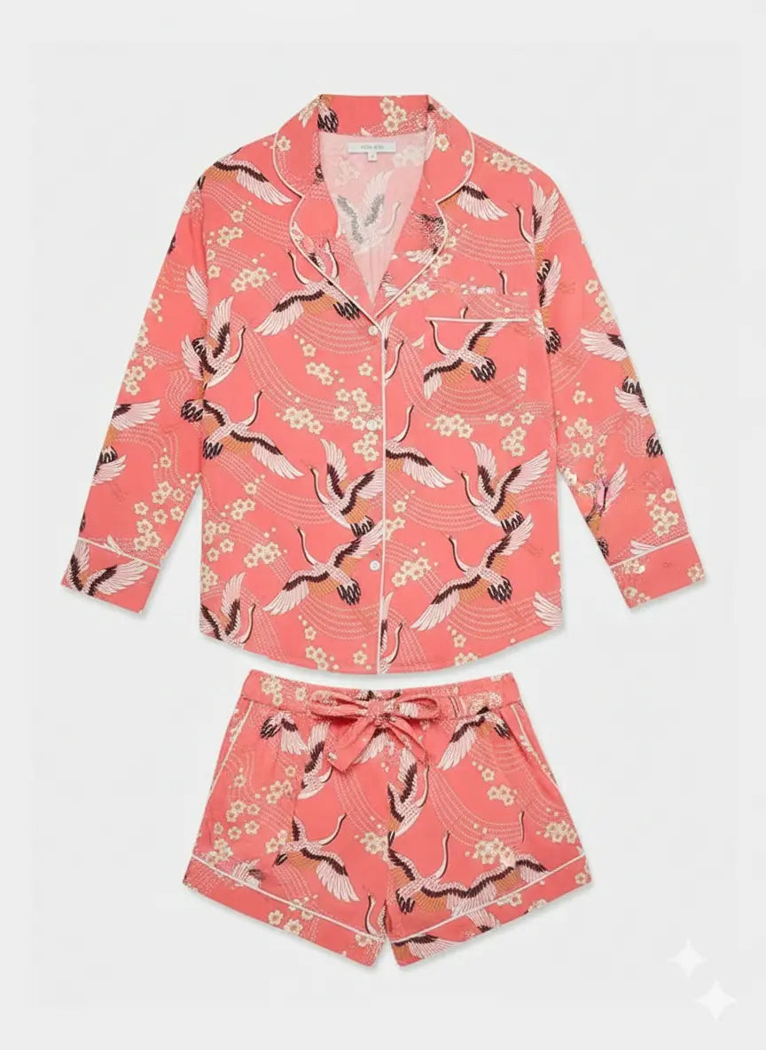 Japanese Crane on Long Sleeve Organic Cotton Pyjama Short Set