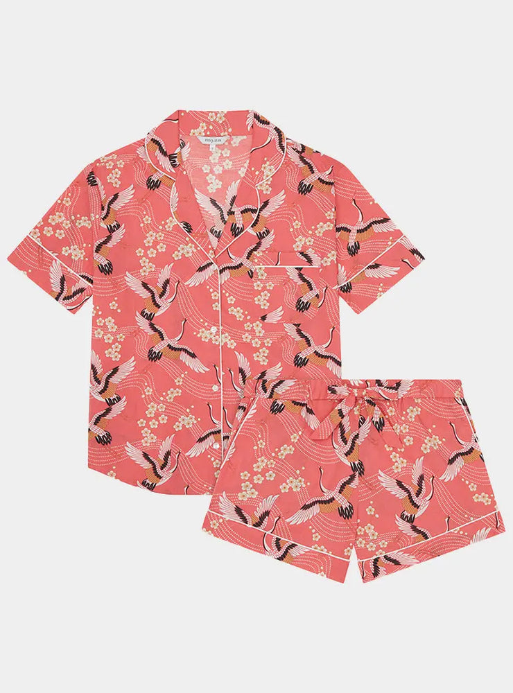 Japanese Crane on Coral Women's Short Sleeve Organic Cotton Pyjama Short Set Myza