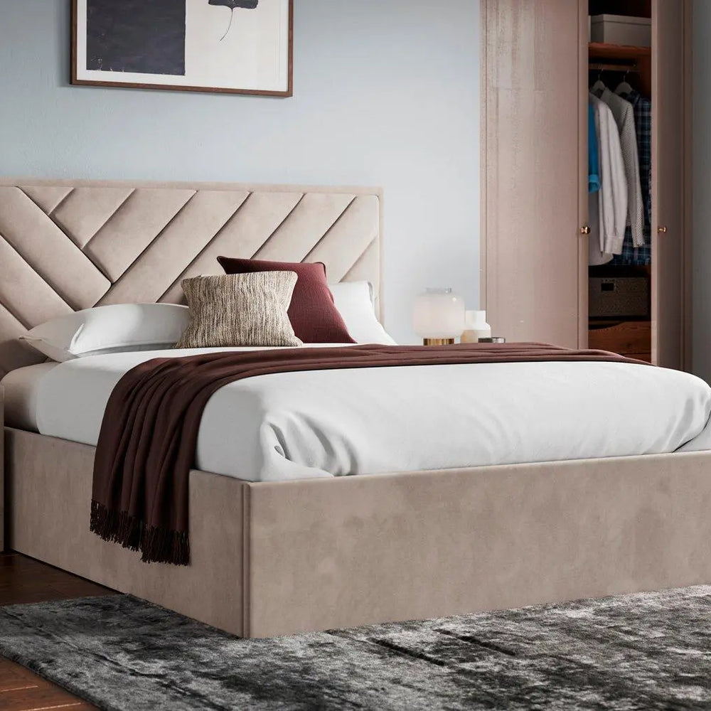 Jay Velvet-Finish Upholstered Ottoman Bed Frame - Beige Dreams
