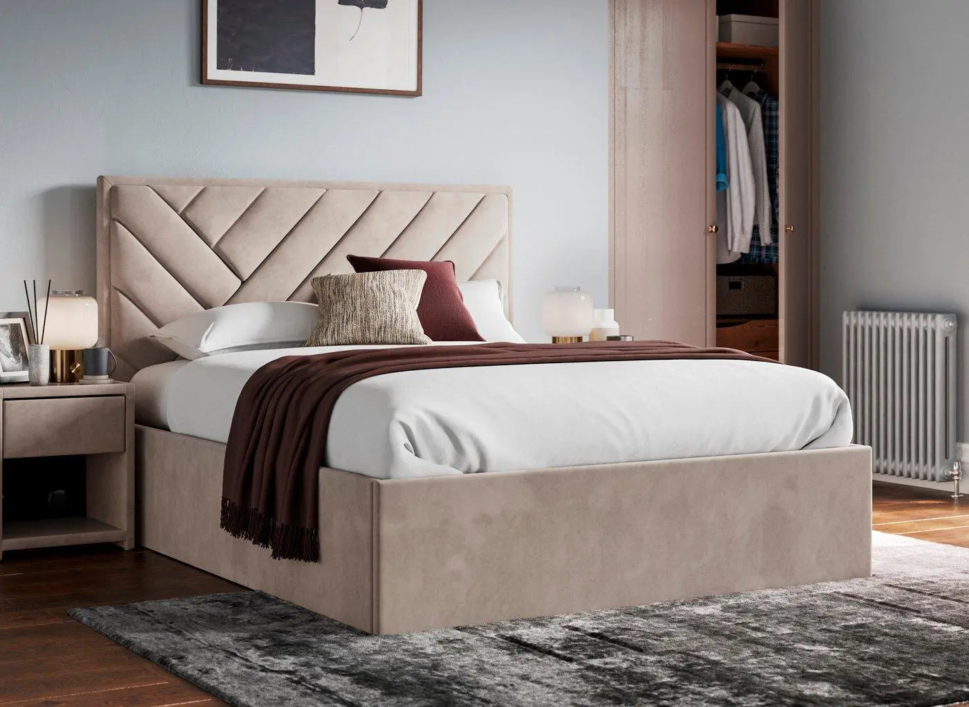 Jay Velvet-Finish Upholstered Ottoman Bed Frame - Beige Dreams
