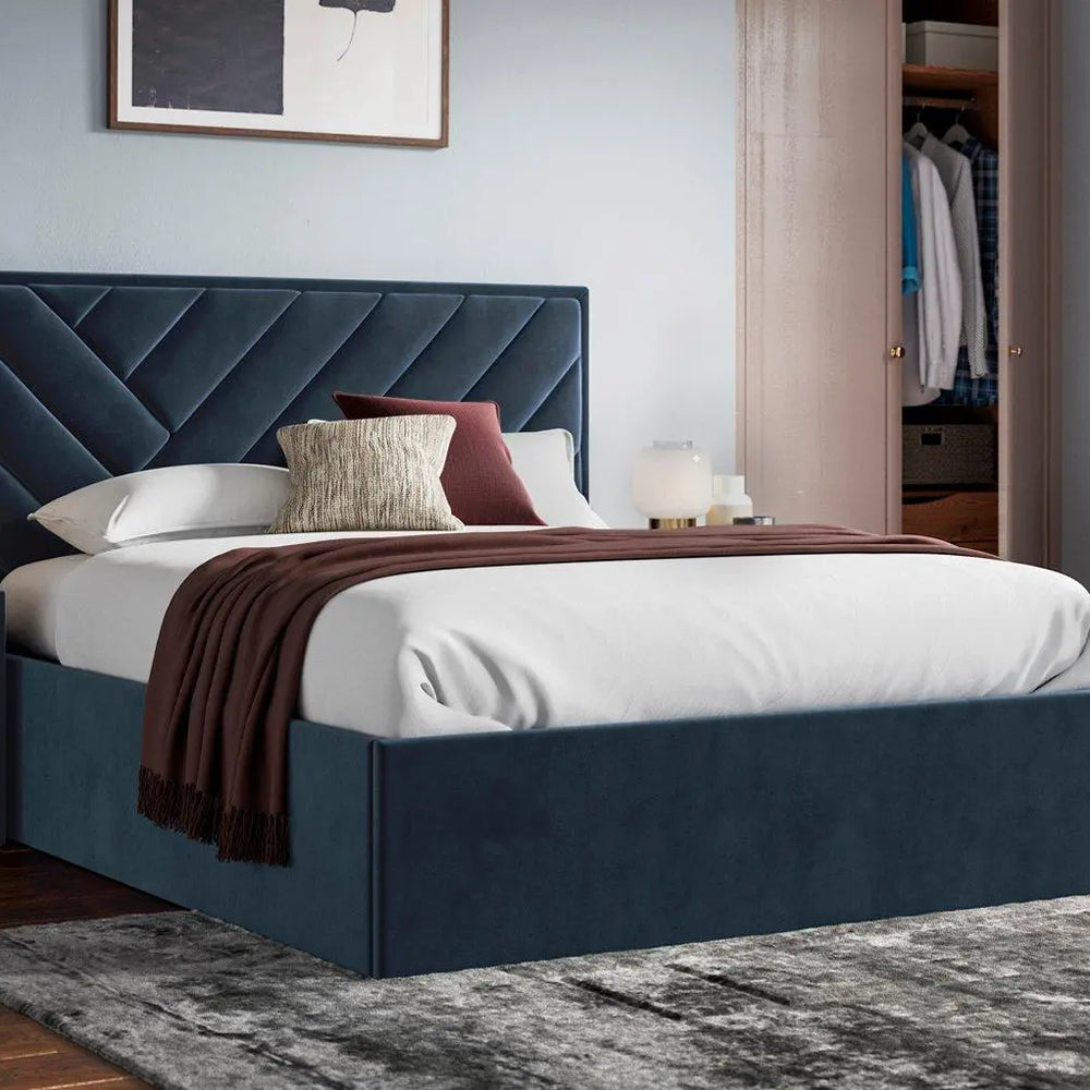 Jay Velvet-Finish Upholstered Ottoman Bed Frame - Blue Dreams