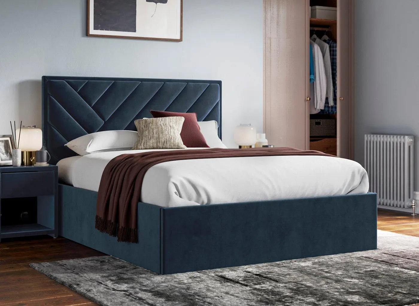 Jay Velvet-Finish Upholstered Ottoman Bed Frame - Blue Dreams
