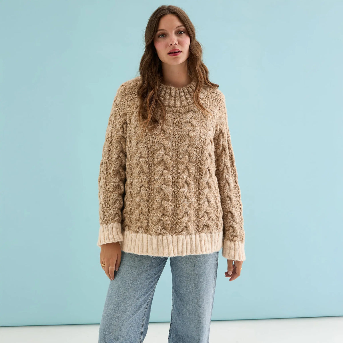 Jennie Cable High Neck Balloon Sleeve Jumper - Beige Cara & The Sky