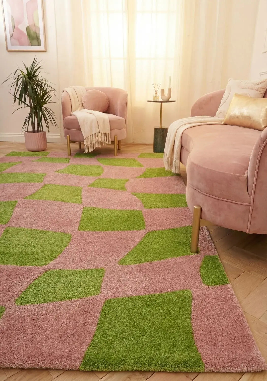 Joli Checkered Green & Pink Rug The Rugs