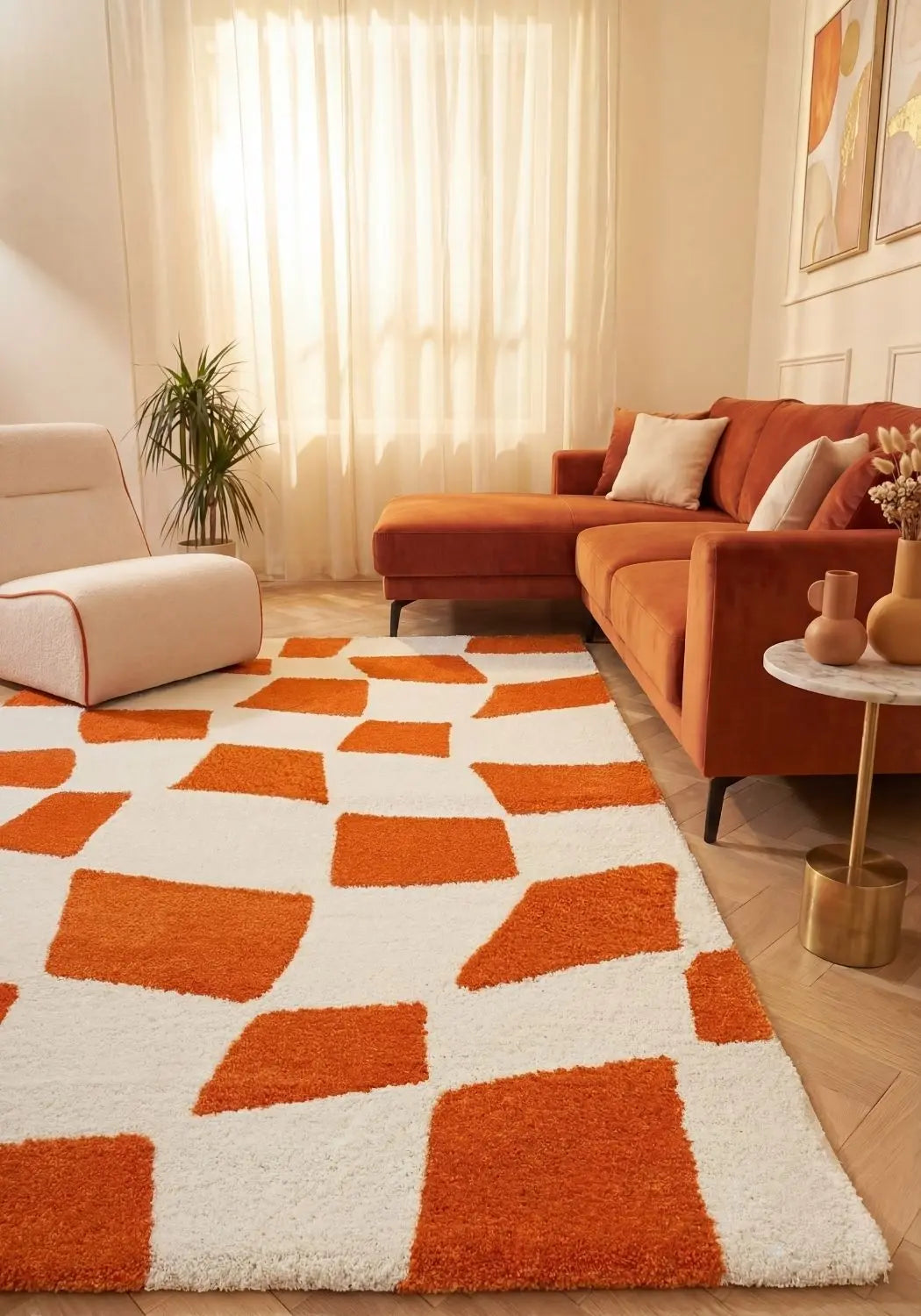Joli Checkered Orange & White Rug The Rugs