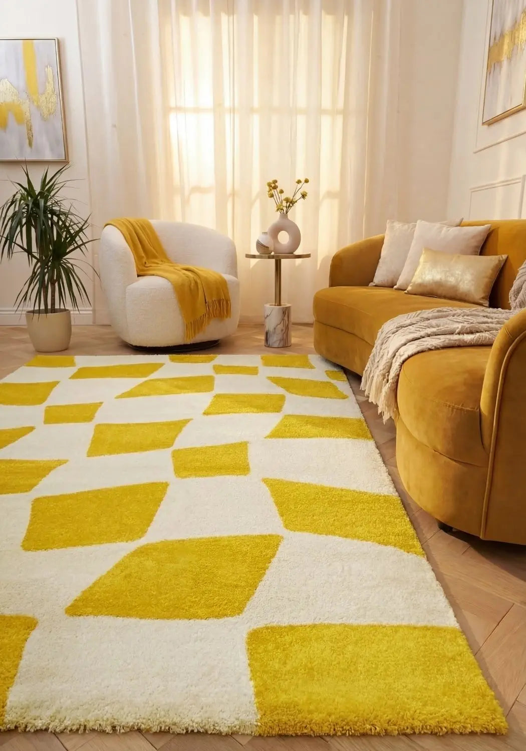 Joli Checkered Yellow & White Rug The Rugs
