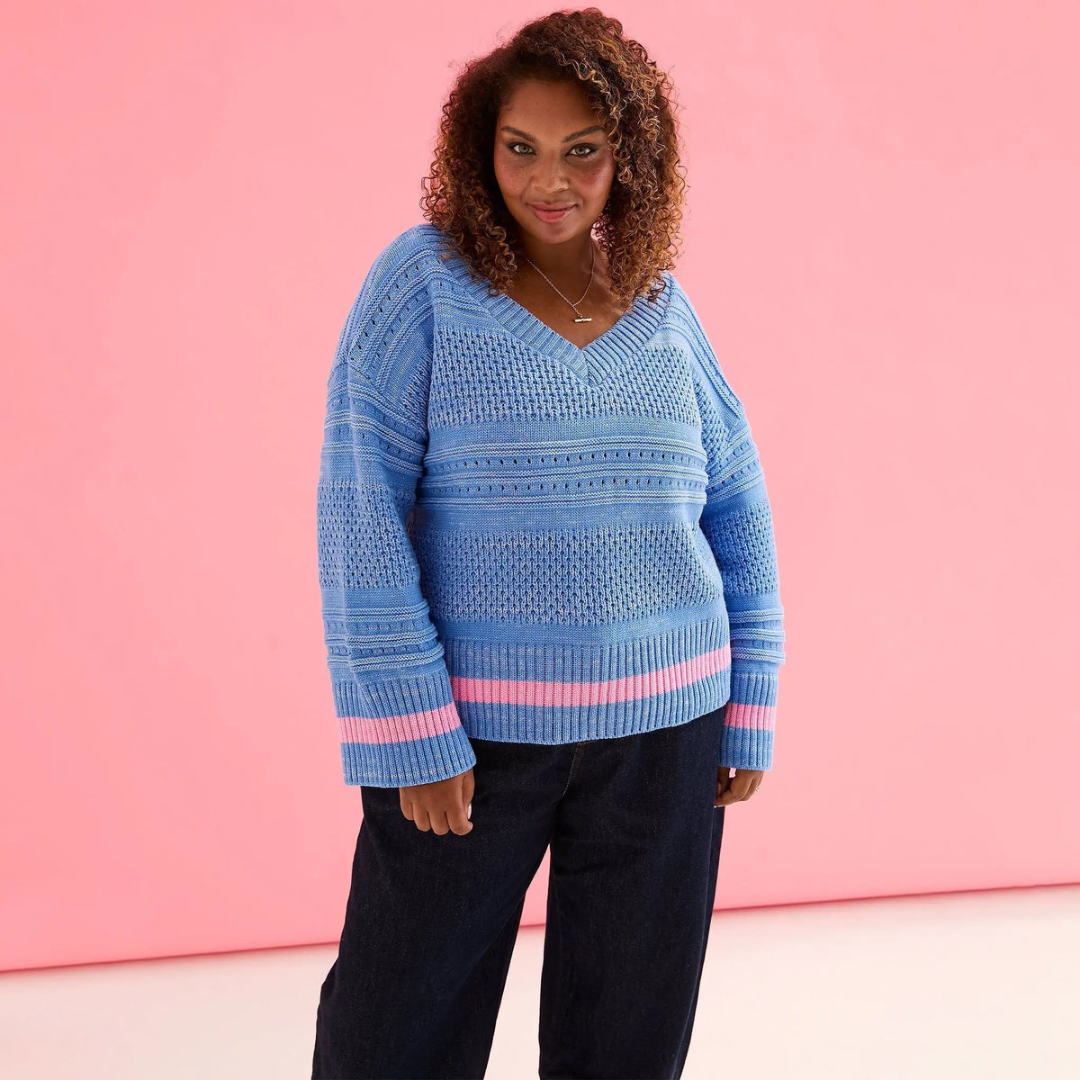 Judith Pointelle Stitch V Neck Jumper - Blue Cara & The Sky