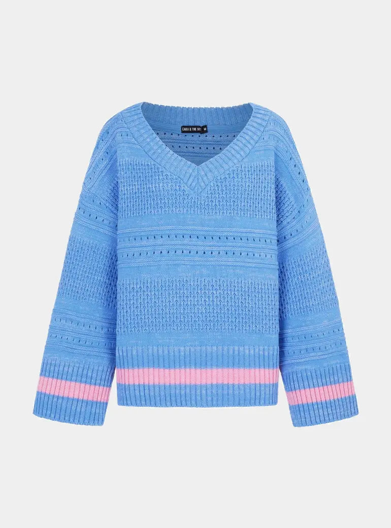Judith Pointelle Stitch V Neck Jumper - Blue Cara & The Sky