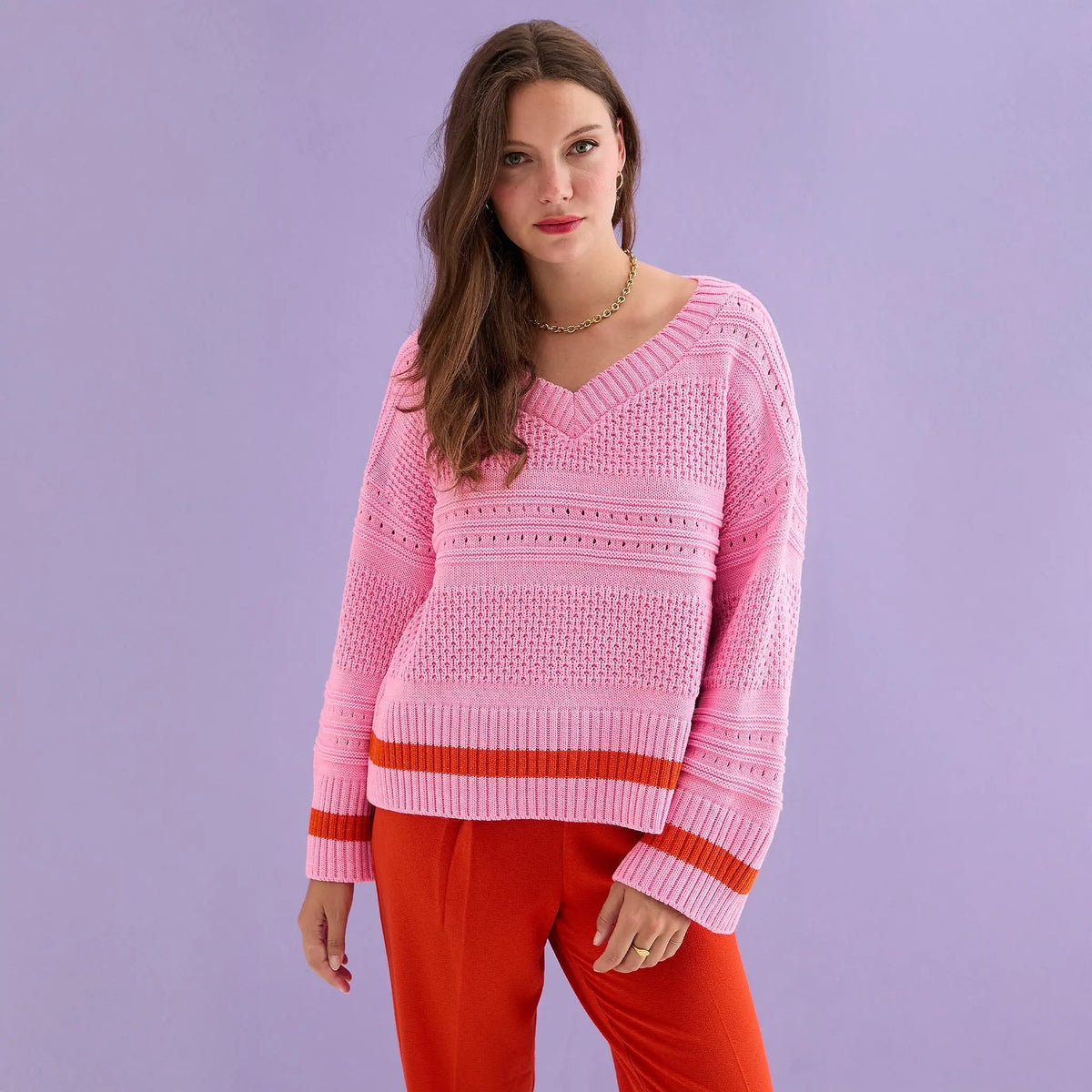 Judith Pointelle Stitch V Neck Jumper - Pink Cara & The Sky