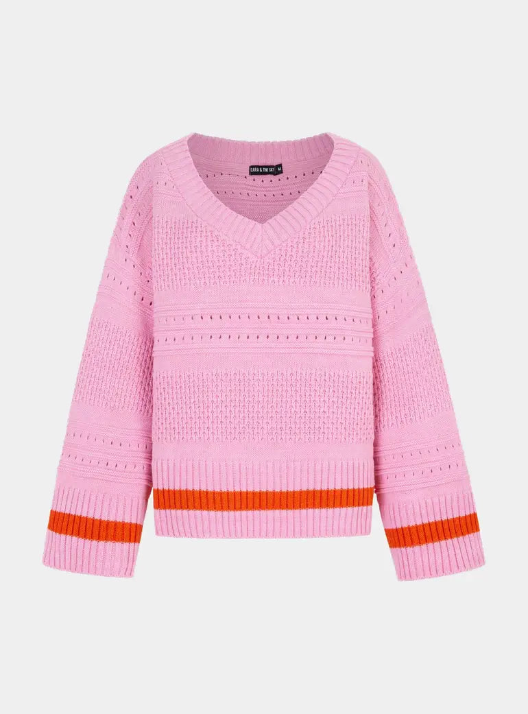 Judith Pointelle Stitch V Neck Jumper - Pink Cara & The Sky