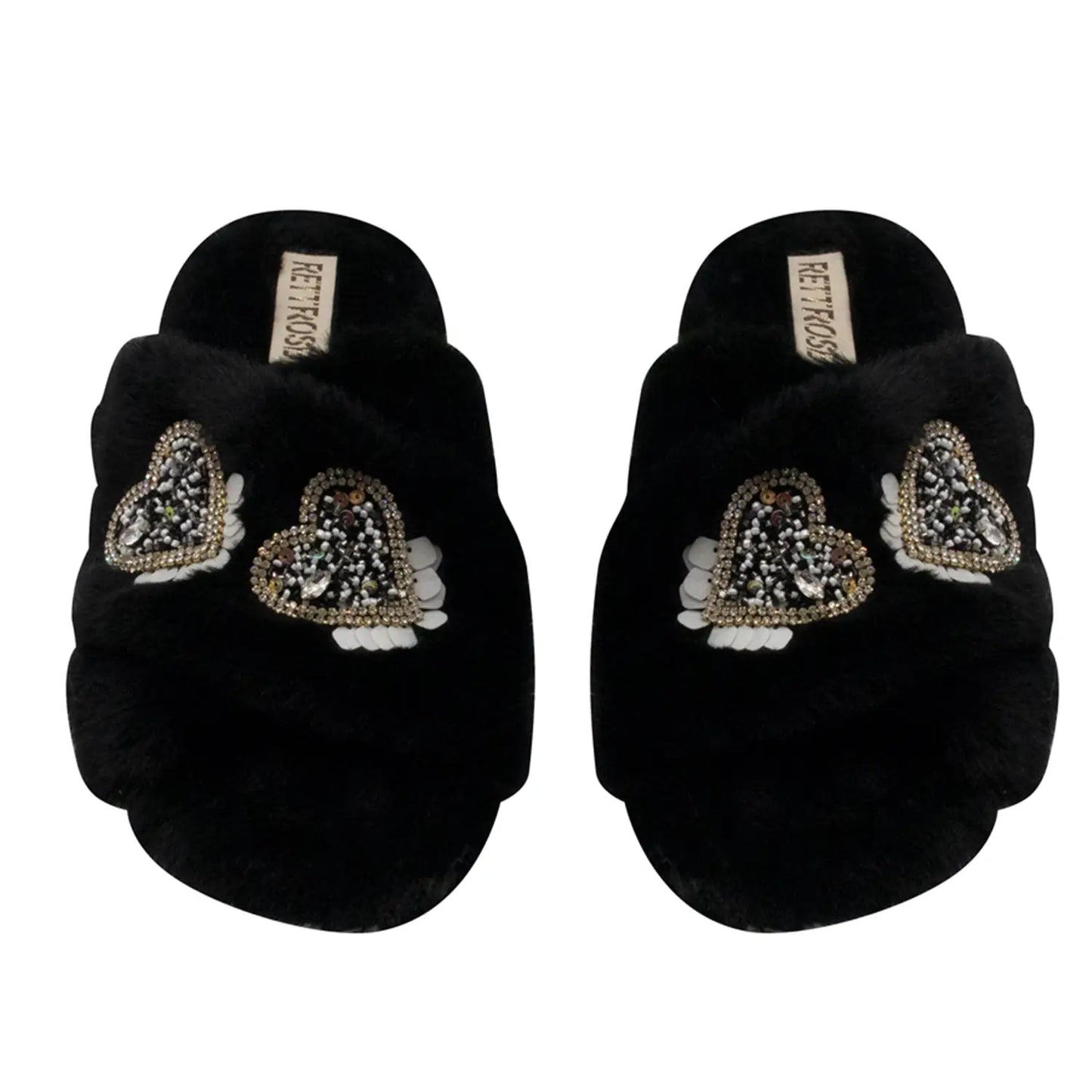 Katie Black Luxury Plush Diamanté Heart Embellished Handmade Slipper Rettrose