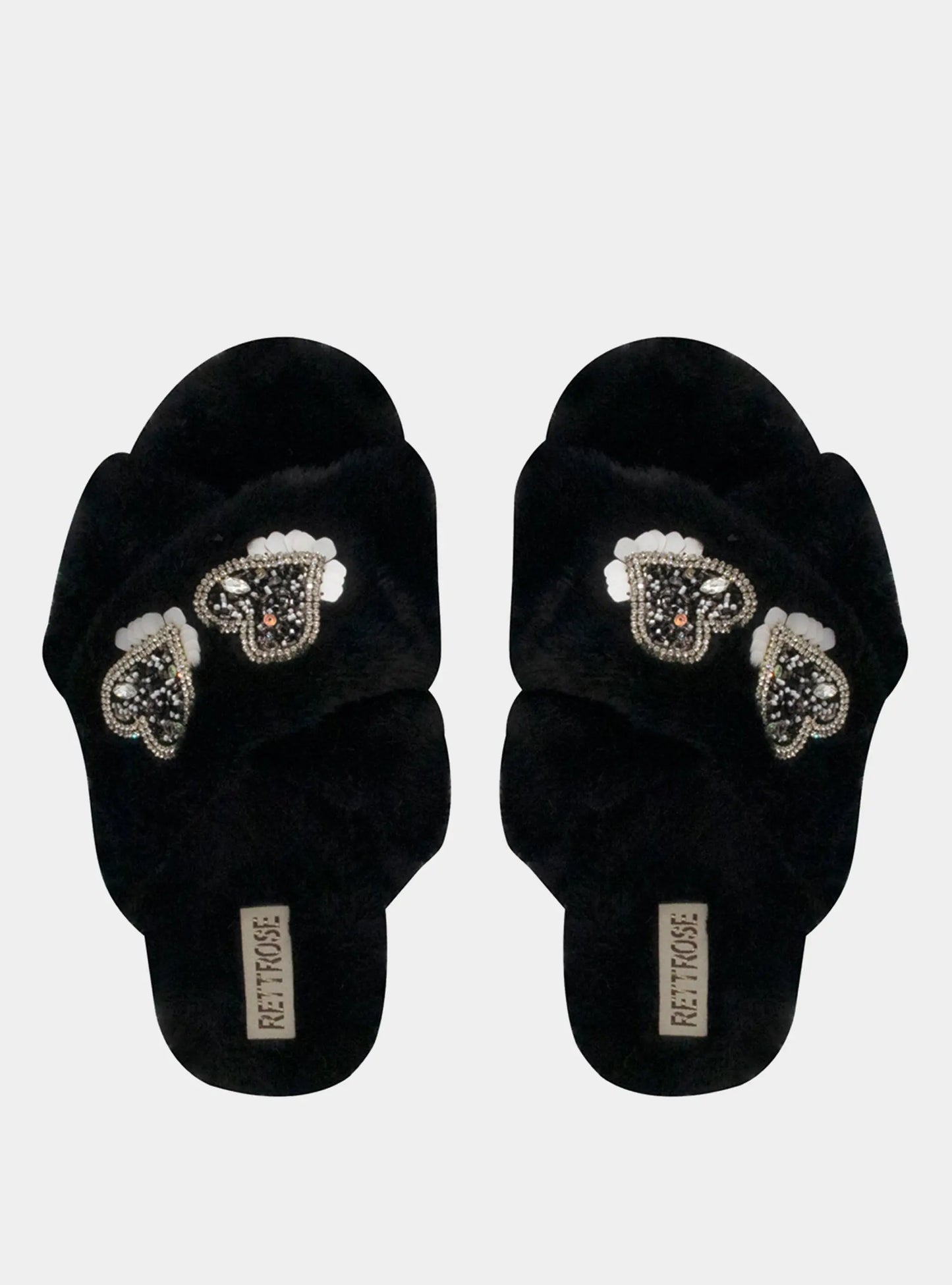 Katie Black Luxury Plush Diamanté Heart Embellished Handmade Slipper Rettrose