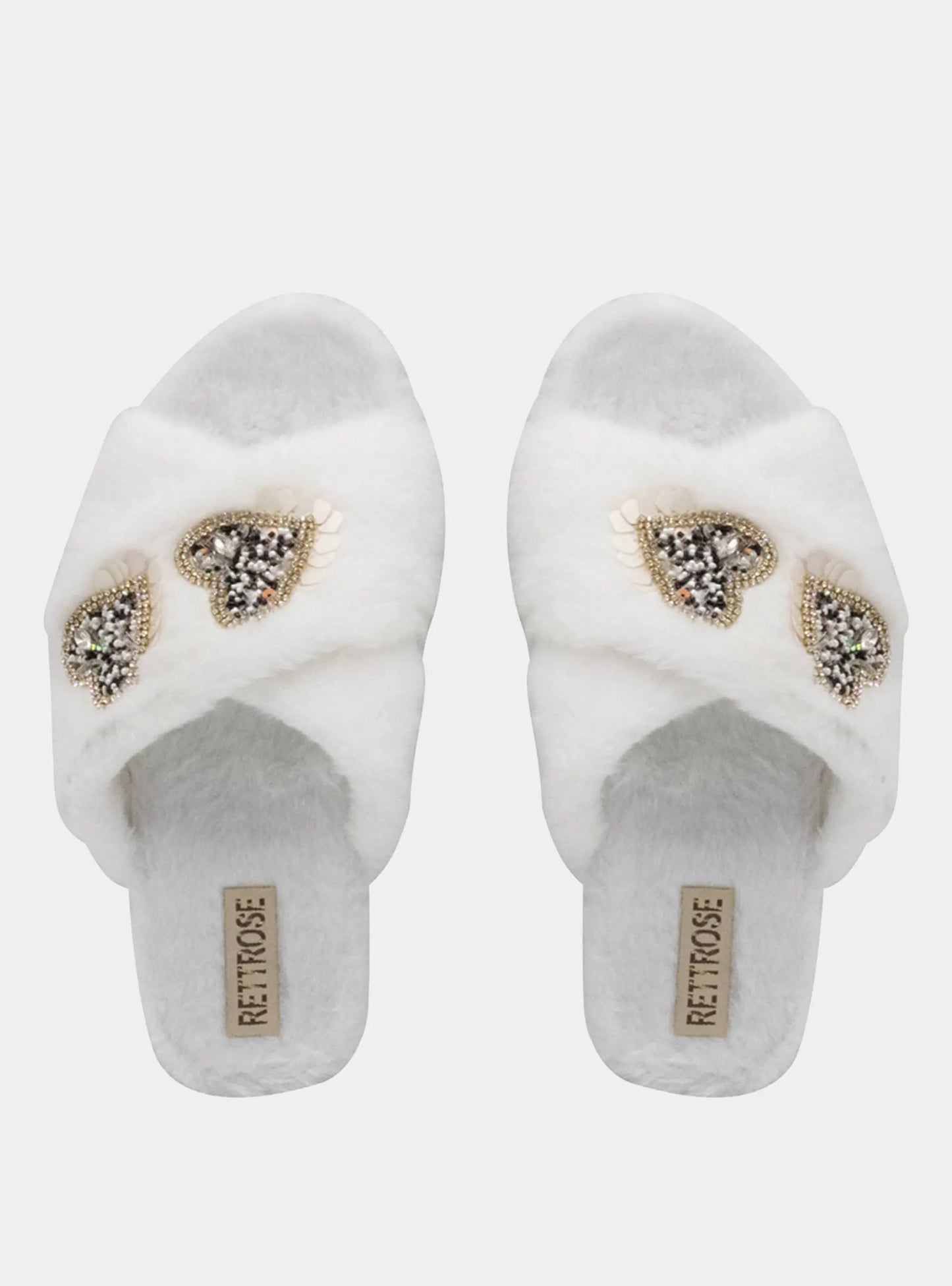 Katie Cream Luxury Plush Diamanté Heart Embellished Handmade Slipper Rettrose