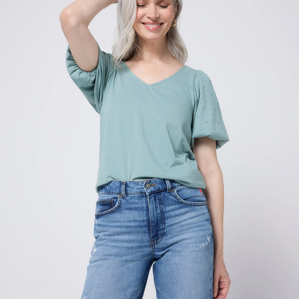 Khaki Studded V-Neck Puff Sleeve T-Shirt Scamp & Dude
