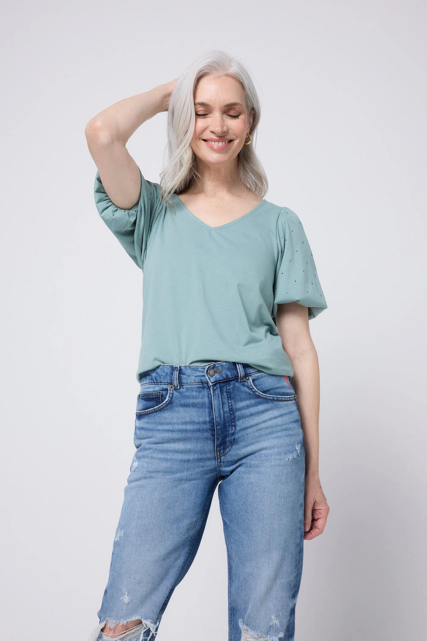 Khaki Studded V-Neck Puff Sleeve T-Shirt Scamp & Dude