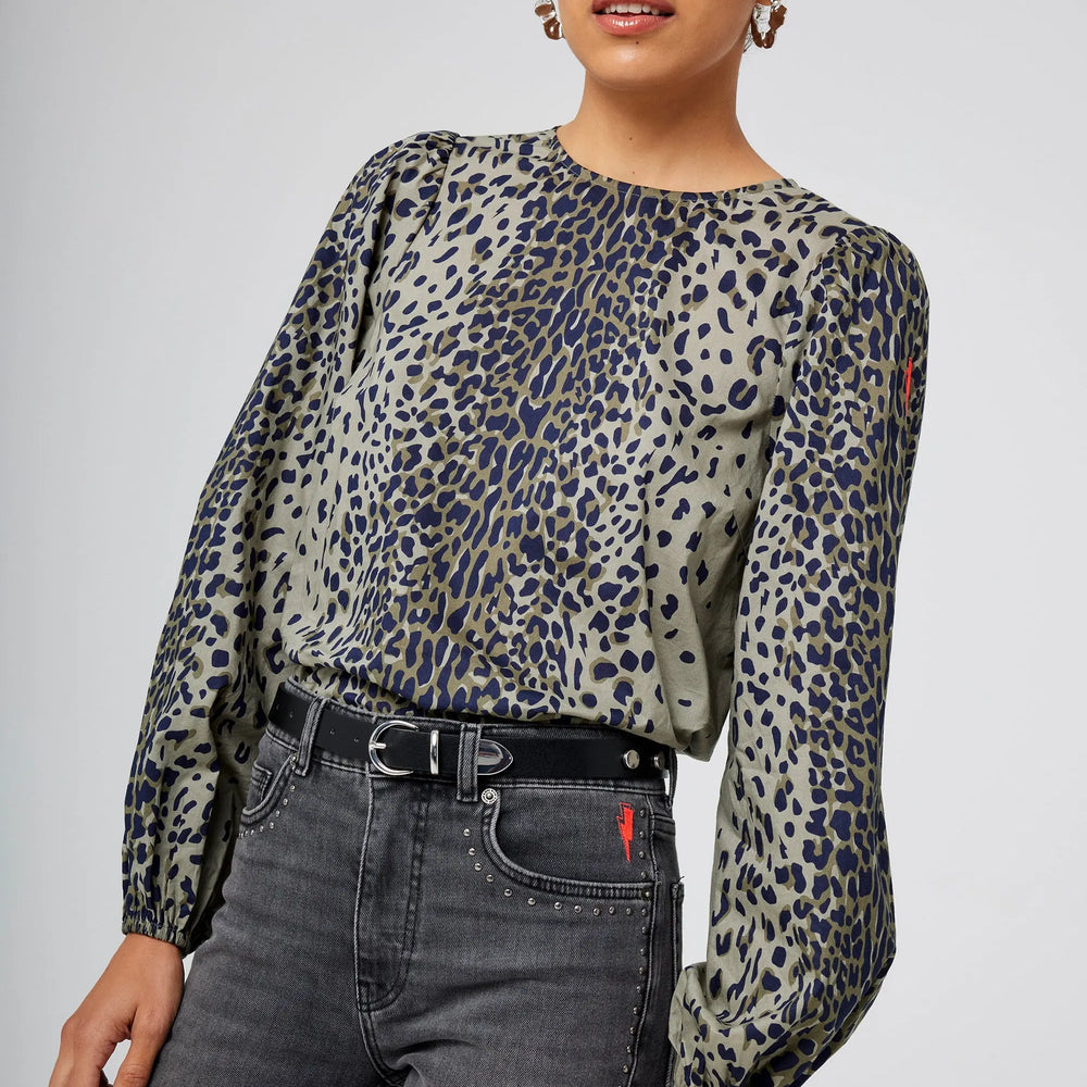 Khaki with Black Wild Leopard Blouson Sleeve Top Scamp & Dude