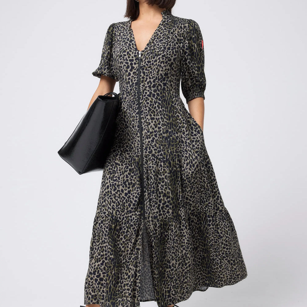 Khaki with Black Wild Leopard Zip Detail Tiered Midi Dress Scamp & Dude