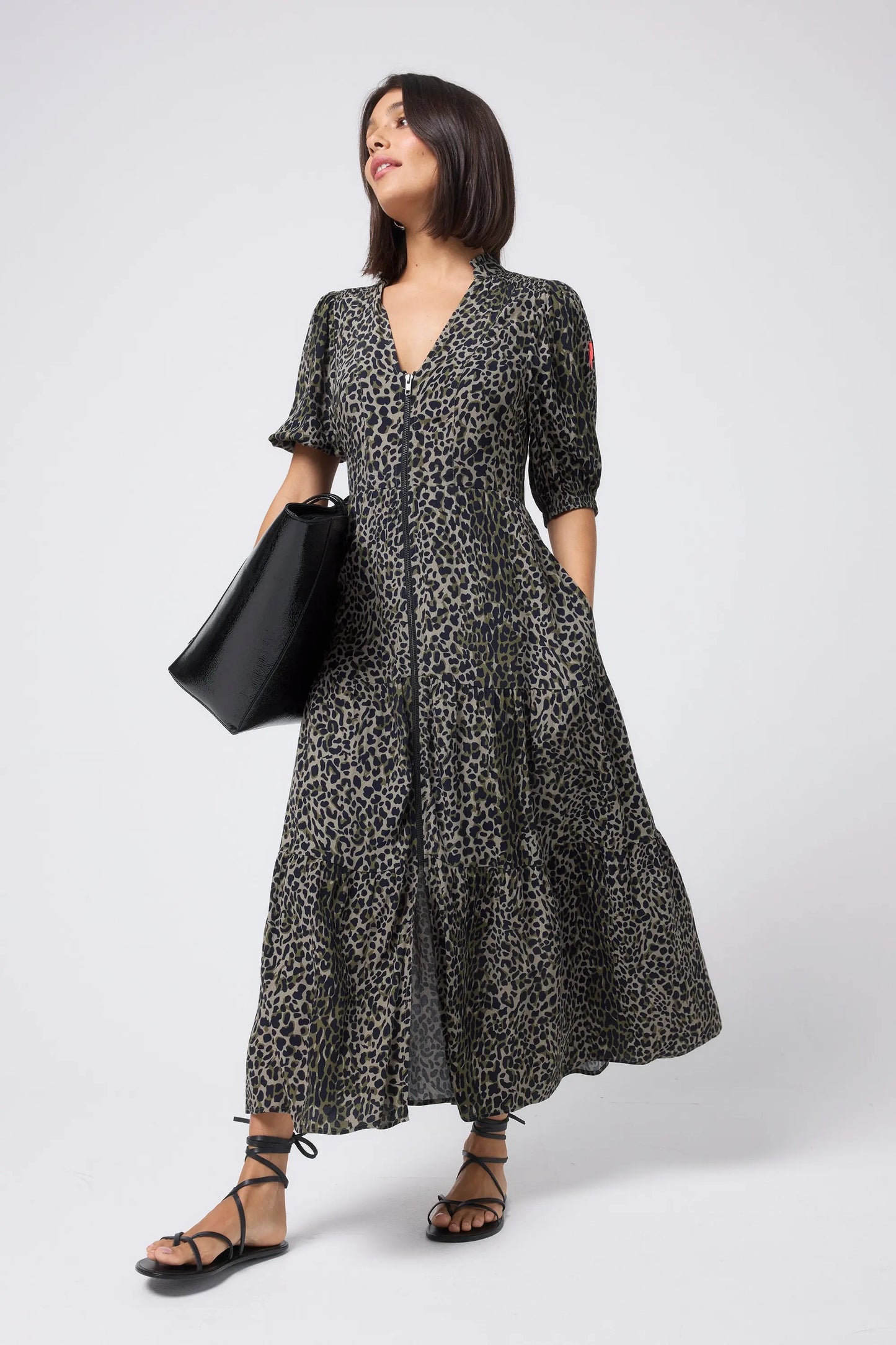 Khaki with Black Wild Leopard Zip Detail Tiered Midi Dress Scamp & Dude