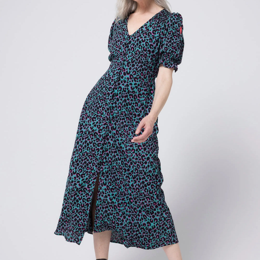 Khaki with Pink and Black Small Shadow Leopard Flute Sleeve Midi Tea Dress Scamp & Dude