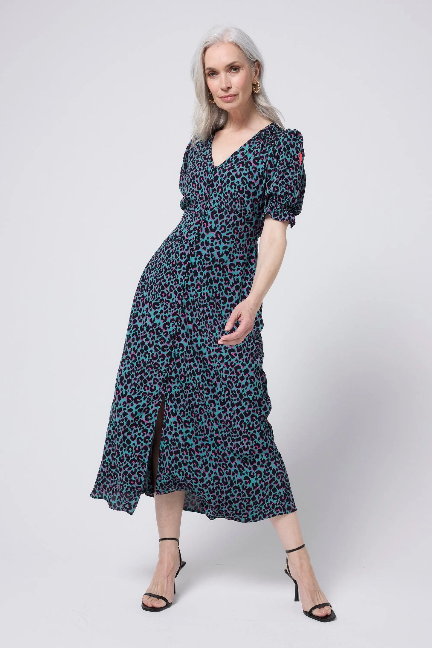 Khaki with Pink and Black Small Shadow Leopard Flute Sleeve Midi Tea Dress Scamp & Dude