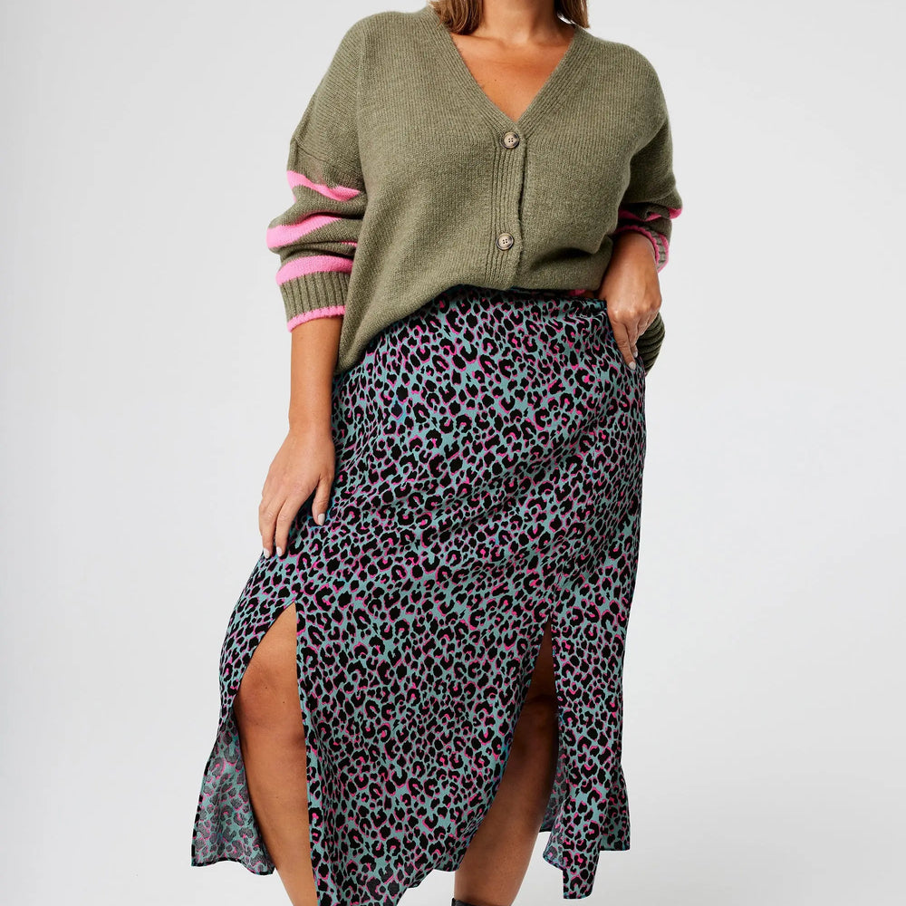 Khaki with Pink and Black Small Shadow Leopard Split Front Skirt Scamp & Dude