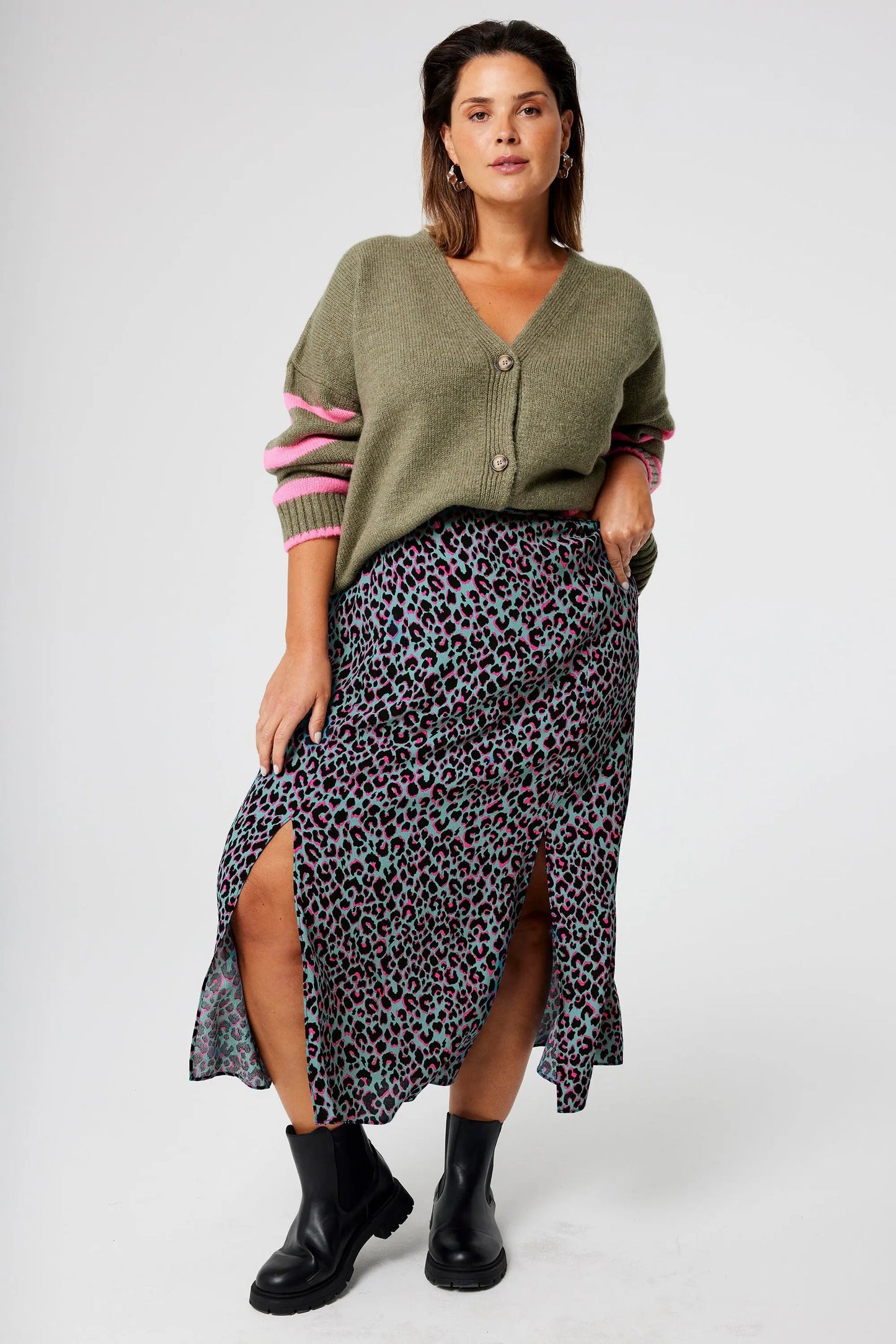 Khaki with Pink and Black Small Shadow Leopard Split Front Skirt Scamp & Dude