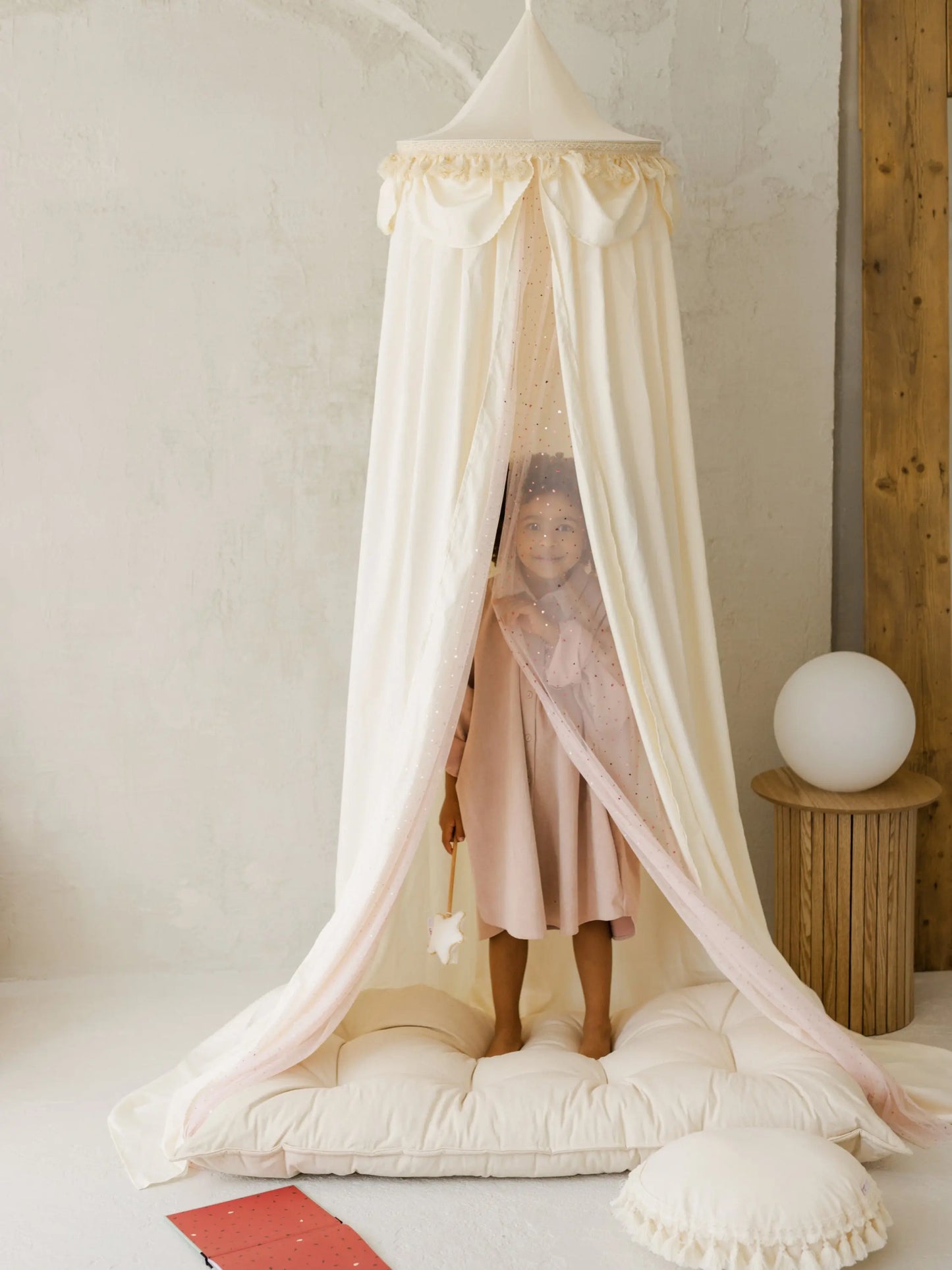 Kids Bed Canopy with Tulle & Tassels in Cream MINICAMP