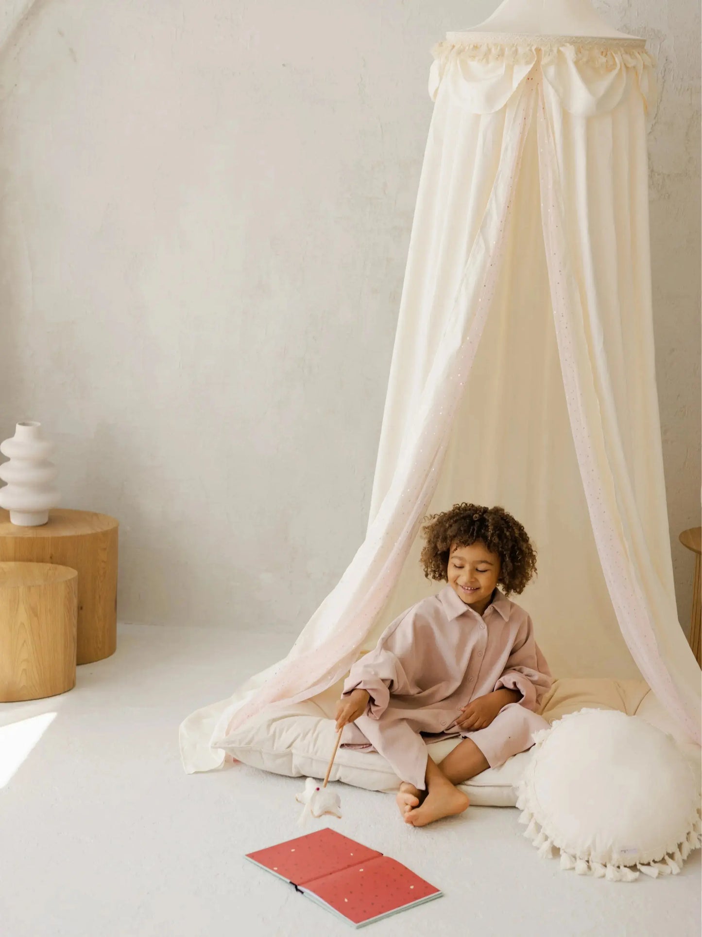 Kids Bed Canopy with Tulle & Tassels in Cream MINICAMP