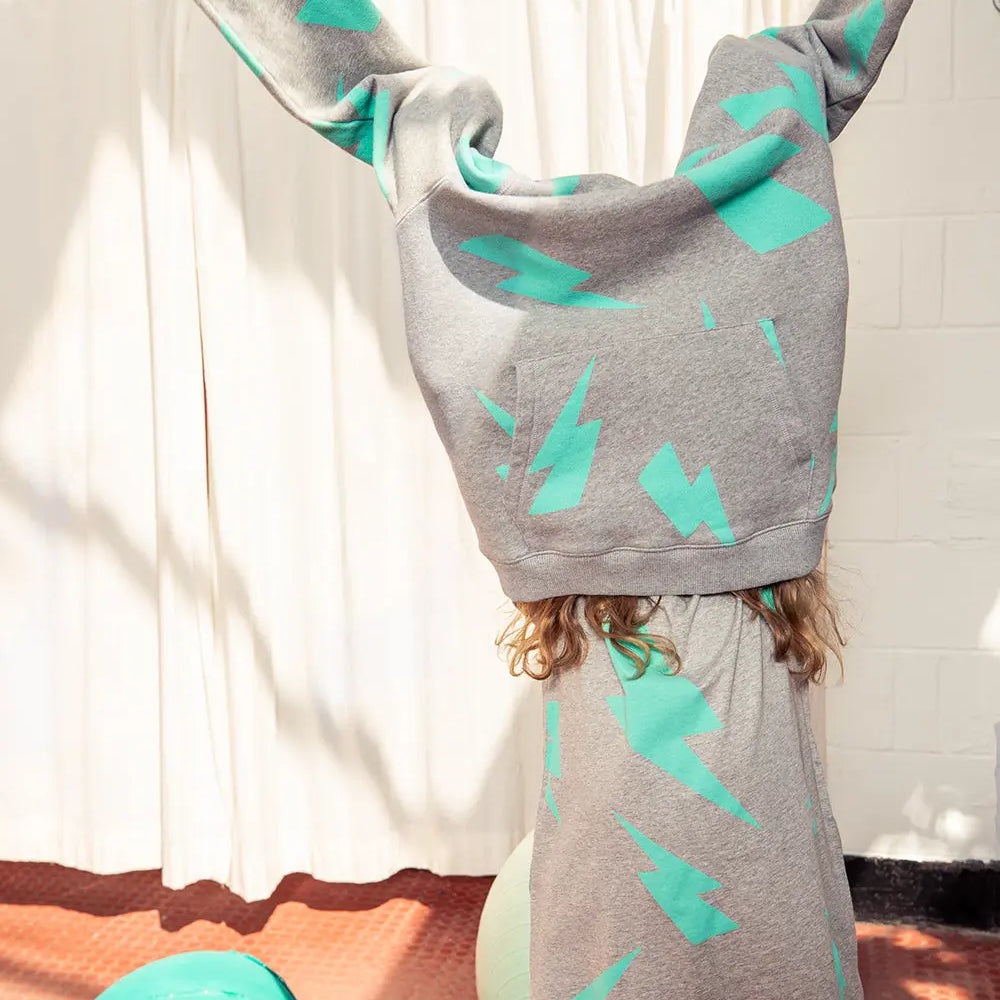 Kids Grey Marl with Turquoise Mega Lightning Bolt Hoodie Scamp & Dude