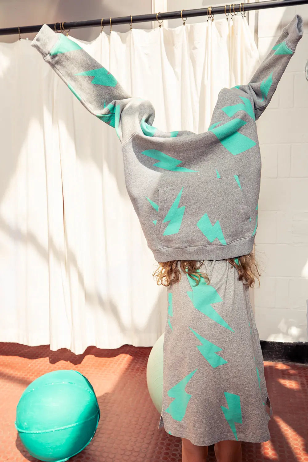 Kids Grey Marl with Turquoise Mega Lightning Bolt Hoodie Scamp & Dude