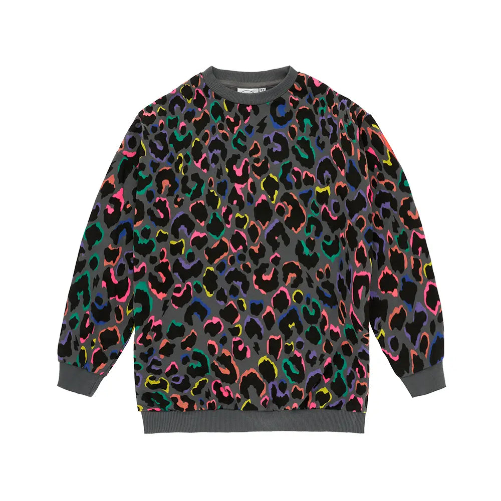 Kids Grey with Rainbow Shadow Leopard Oversized Sweatshirt Scamp & Dude
