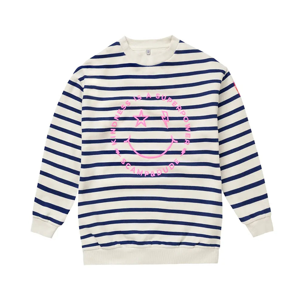 Kids Ivory with Bright Blue Stripe and Smiley Slogan Oversized Sweatshirt Scamp & Dude