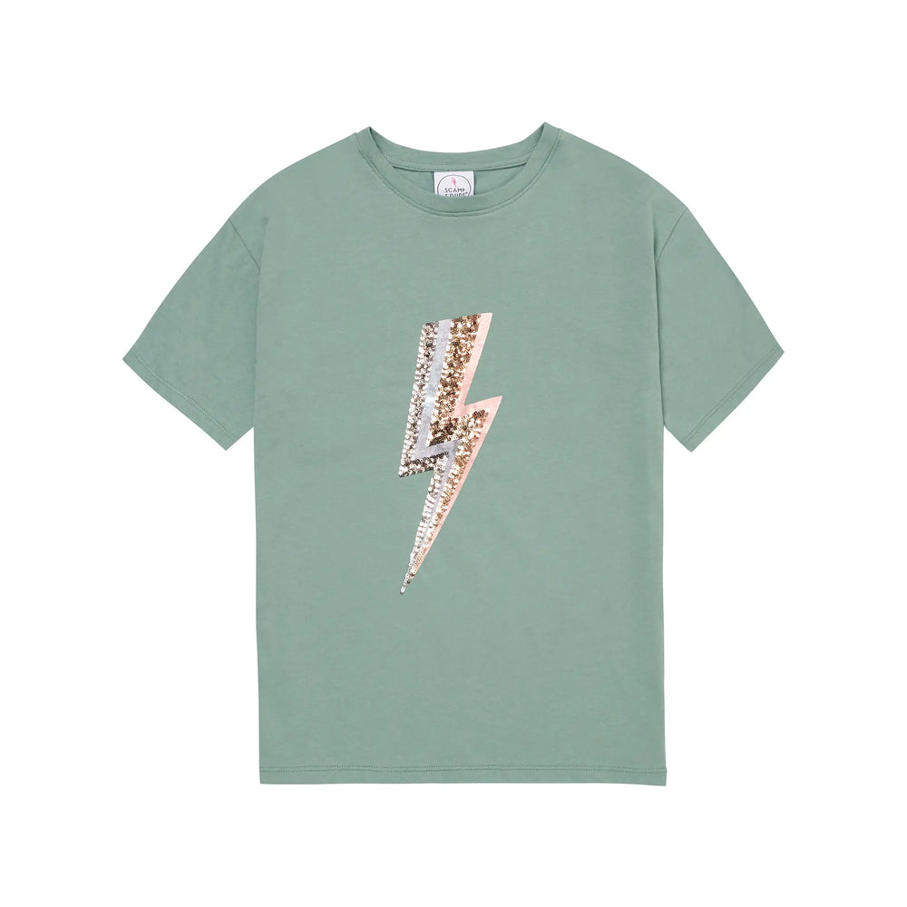 Kids Khaki with Multi Coloured Sequin and Foil Lightning Bolt T-Shirt Scamp & Dude