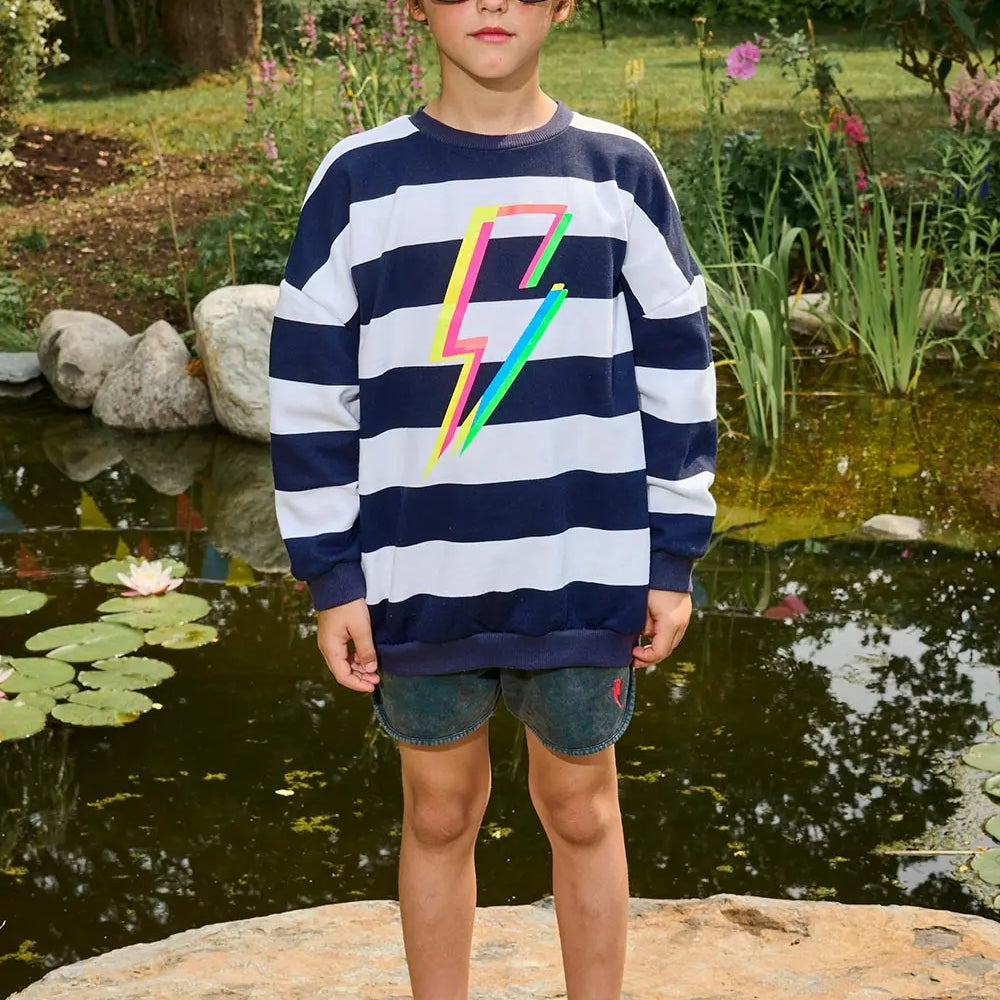 Kids Navy with White Stripe and Rainbow Bolt Oversized Sweatshirt Scamp & Dude