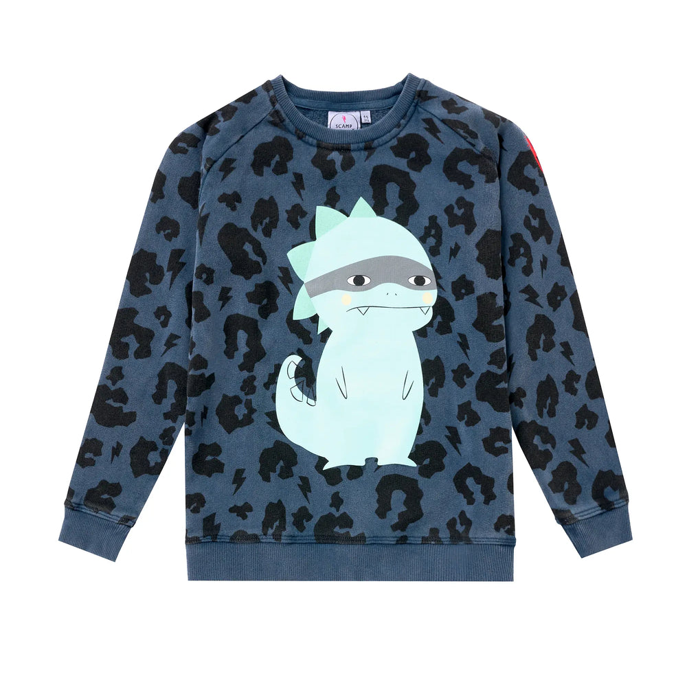 Kids Washed Navy with Black Leopard Dino Graphic Classic Sweatshirt Scamp & Dude