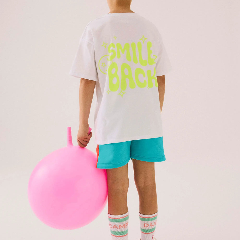 Kids White with Neon Yellow Smile Back Slogan Relaxed T-Shirt Scamp & Dude