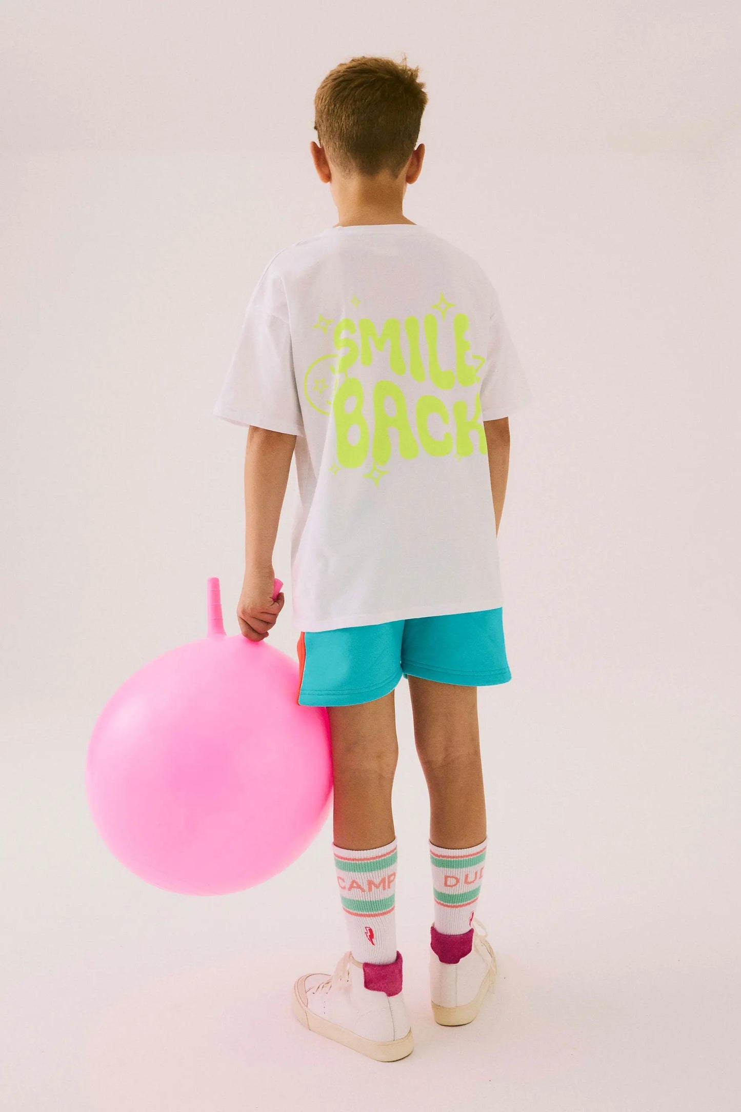 Kids White with Neon Yellow Smile Back Slogan Relaxed T-Shirt Scamp & Dude