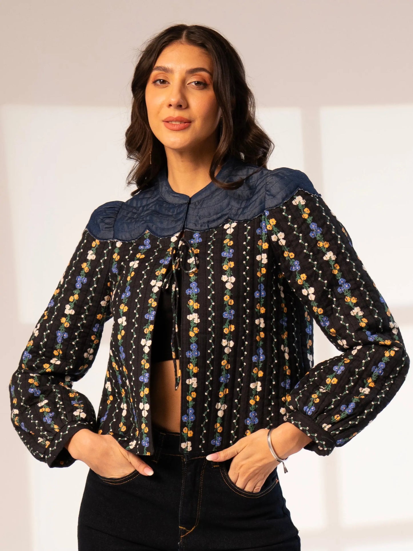 Kiri Black Floral Printed Scalloped Jacket Rose & Nancy