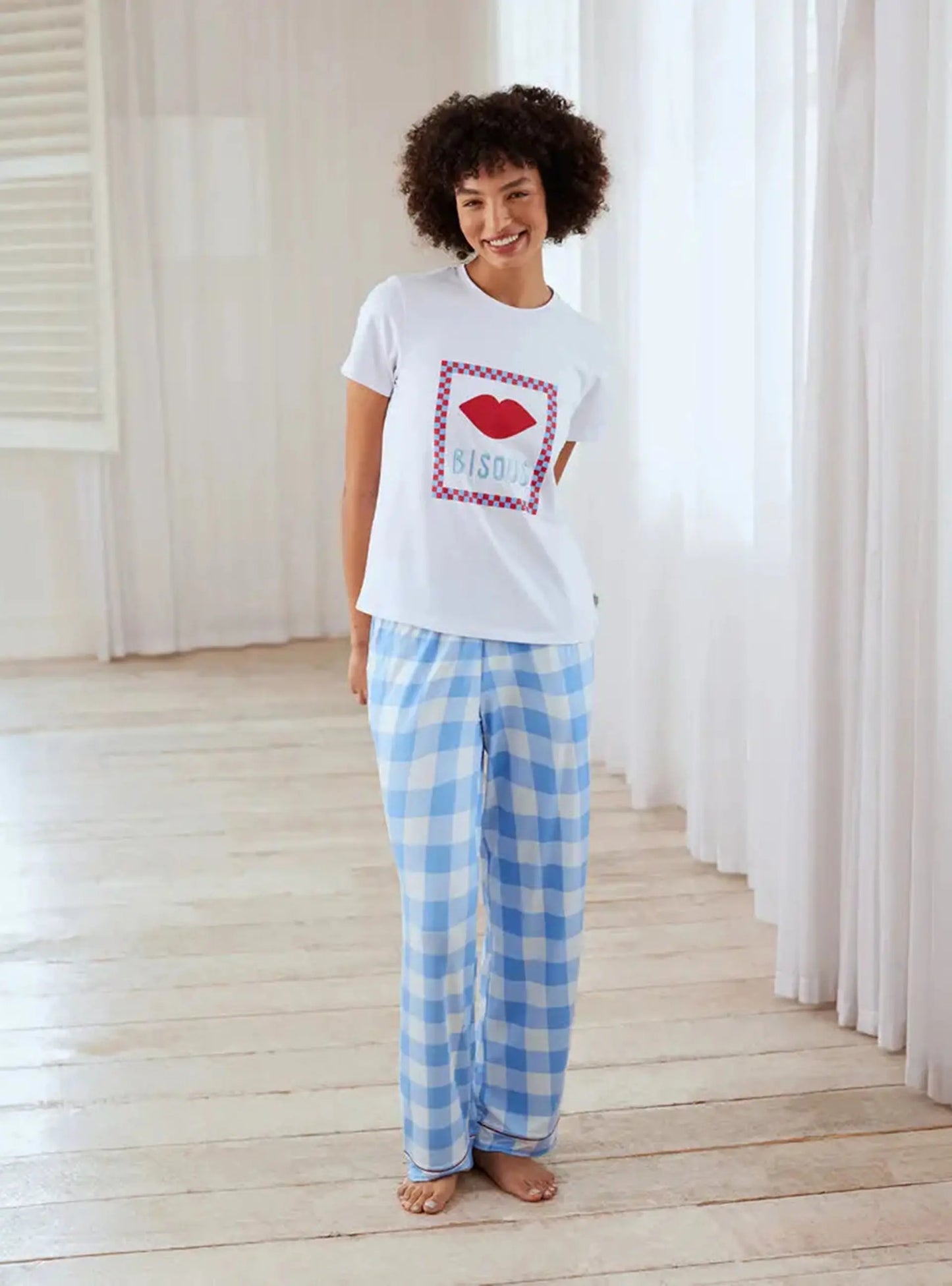 Kiss Print Gingham Women's Long Pyjama Set Chelsea Peers