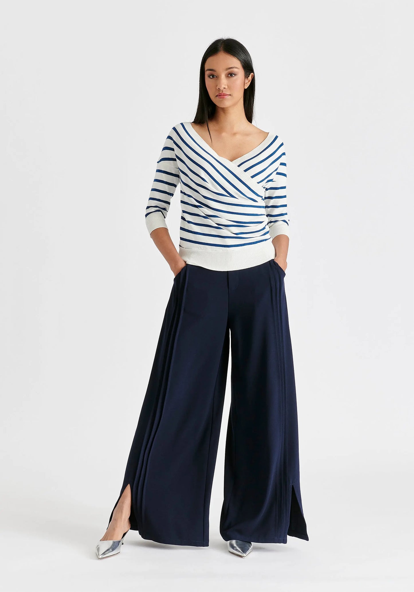 Knitted Wrap Top With 3/4 Sleeves Paisie