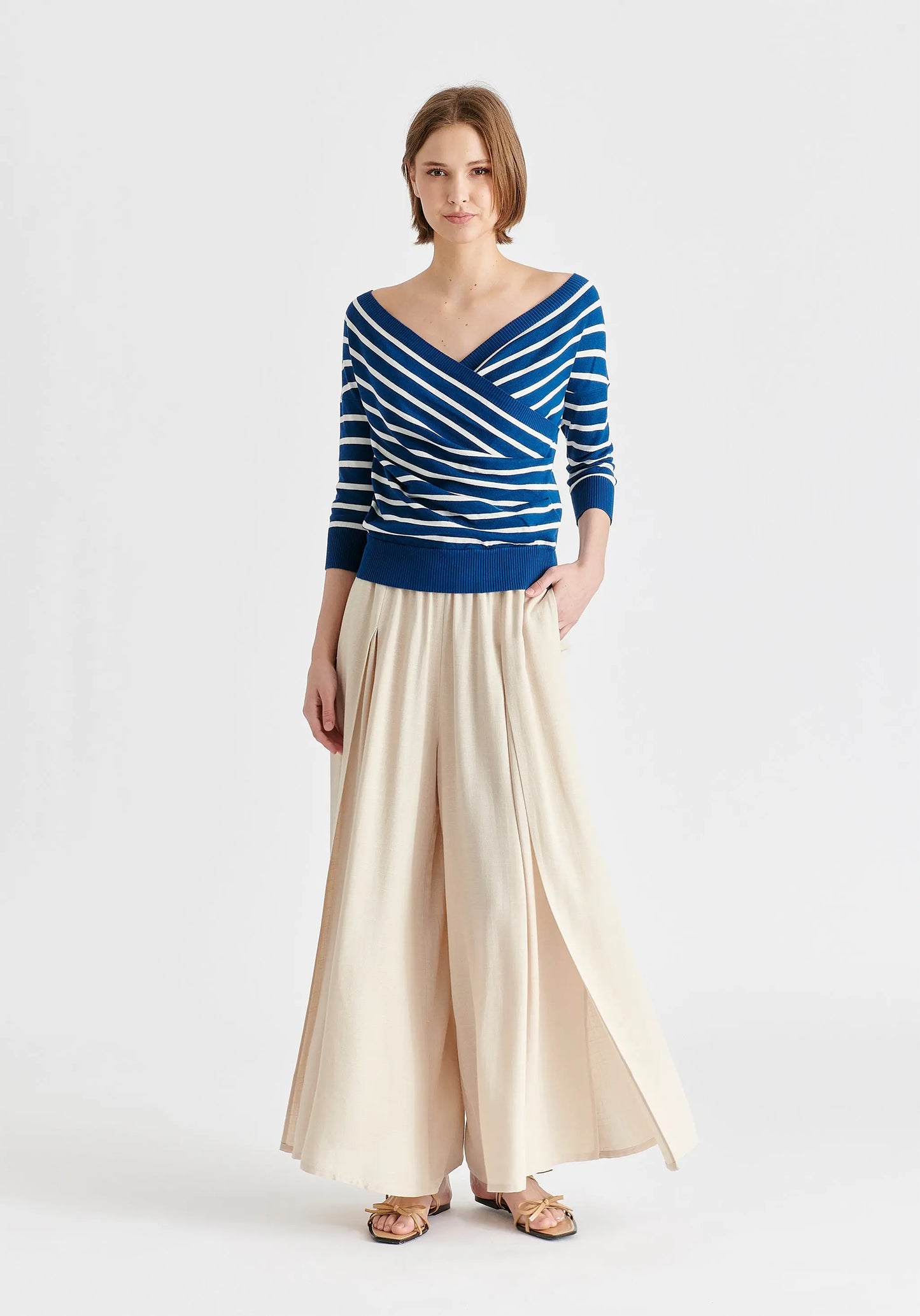 Knitted Wrap Top With 3/4 Sleeves Paisie