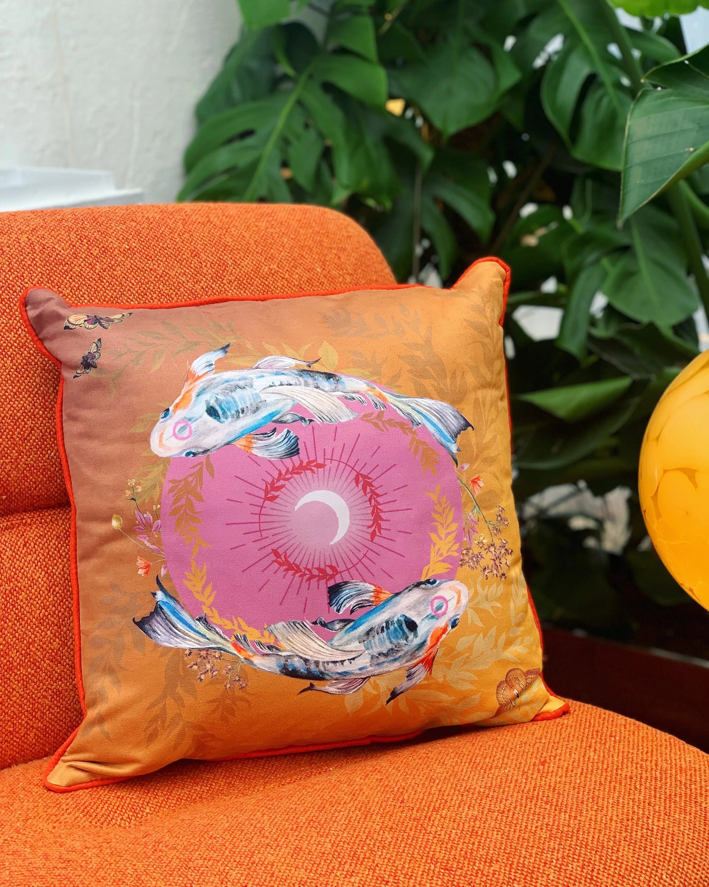 Koi watercolour art Cushion 'Golden pool' double sided design with fish illustration, made from Vegan friendly Suede Alice Acreman Silks