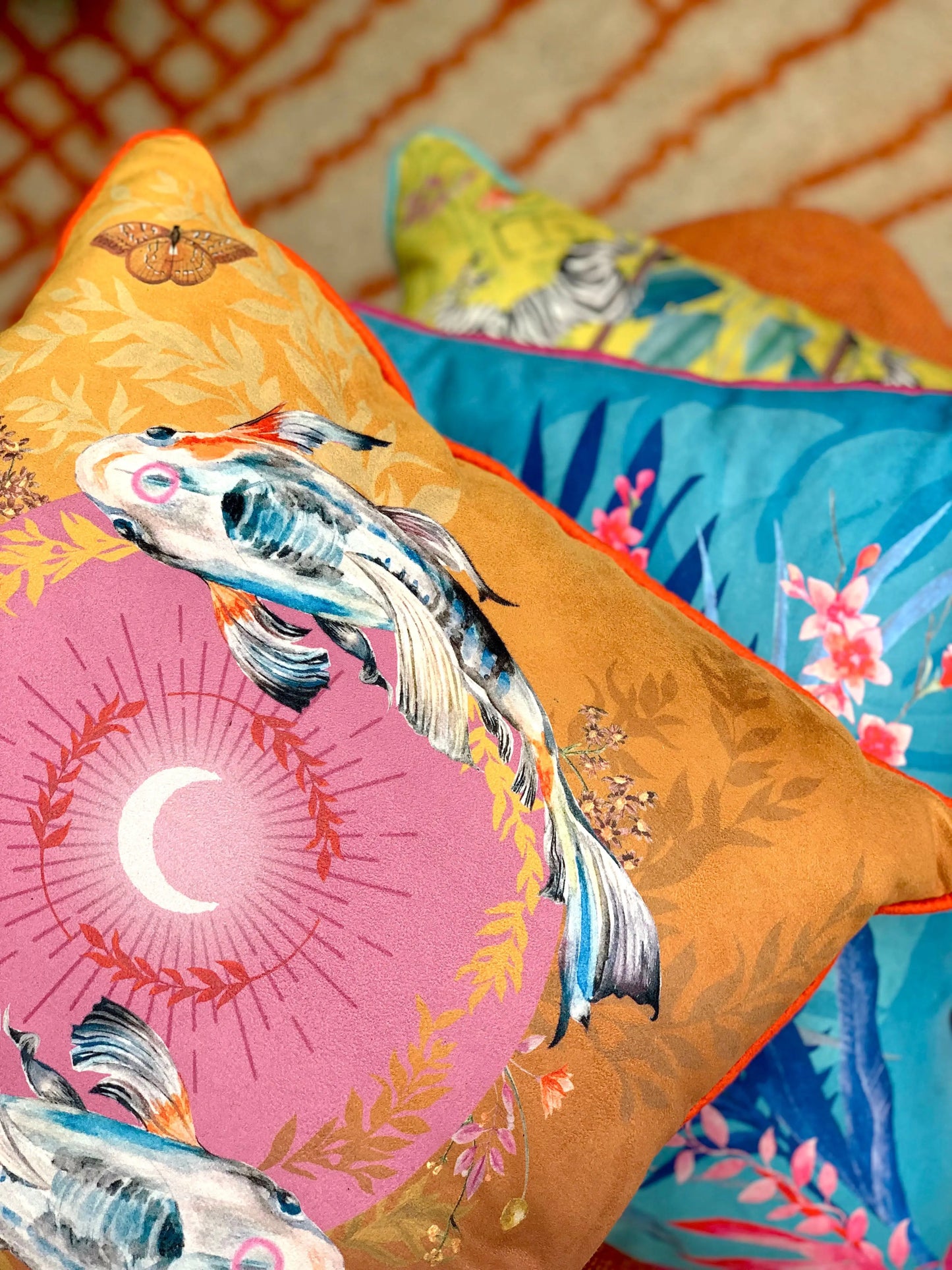 Koi watercolour art Cushion 'Golden pool' double sided design with fish illustration, made from Vegan friendly Suede Alice Acreman Silks