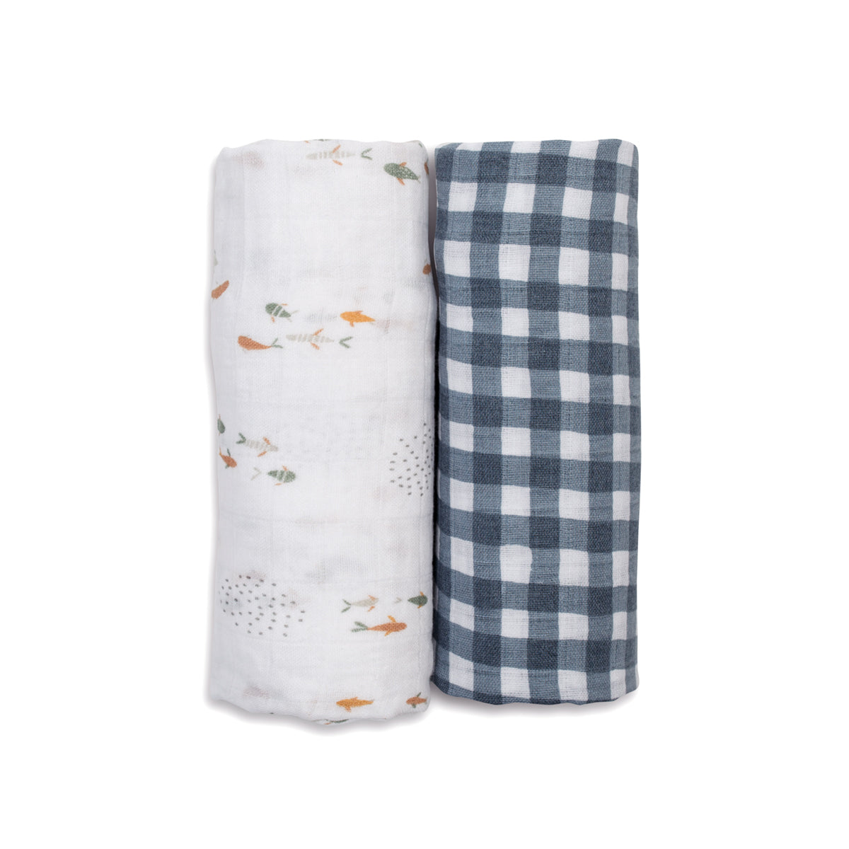 Lulujo - 2 Pack Cotton Swaddles - Fish / Navy Gingham (100cm x100cm) Lulujo