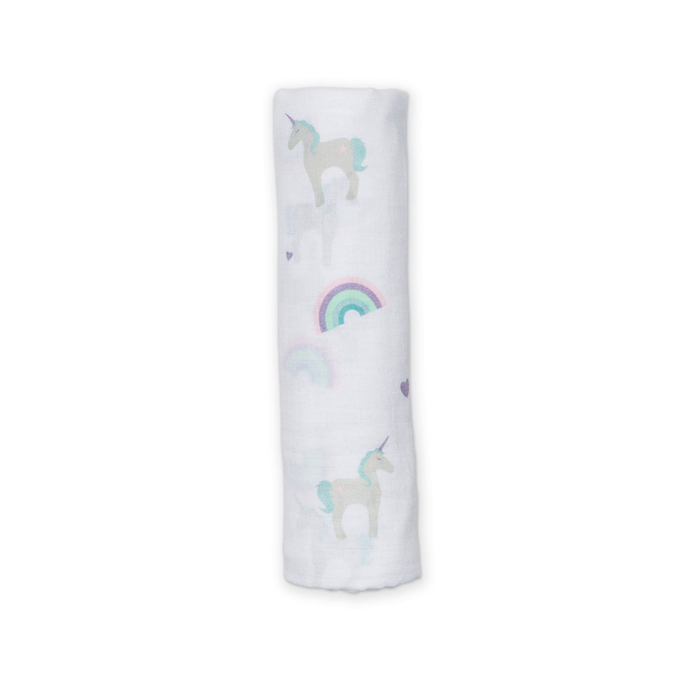 Lulujo - Muslin Swaddle - Rainbows & Unicorns (120cm x 120cm) Lulujo