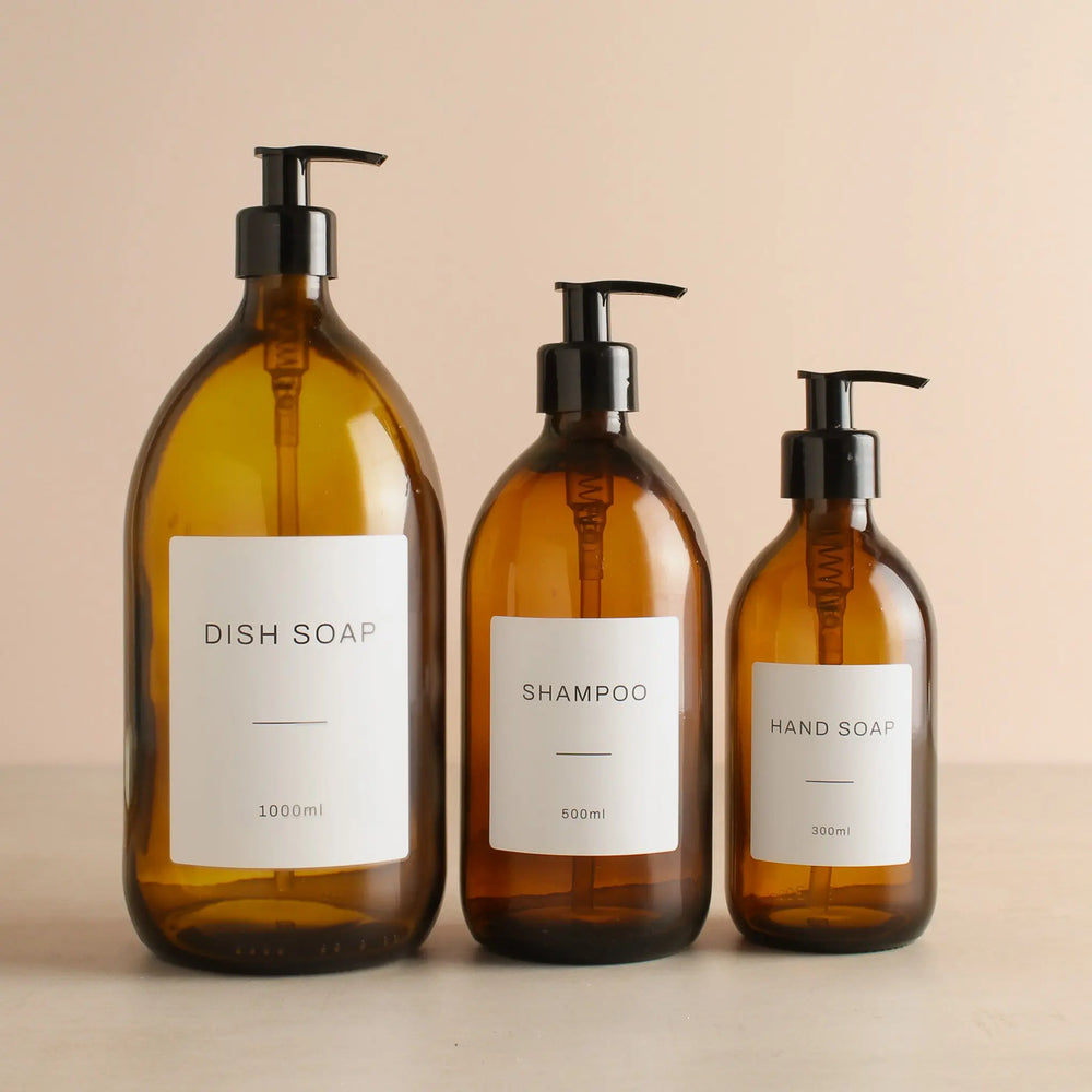 Labelled Amber Glass Dispenser Bottle With Black Pump Namie Home