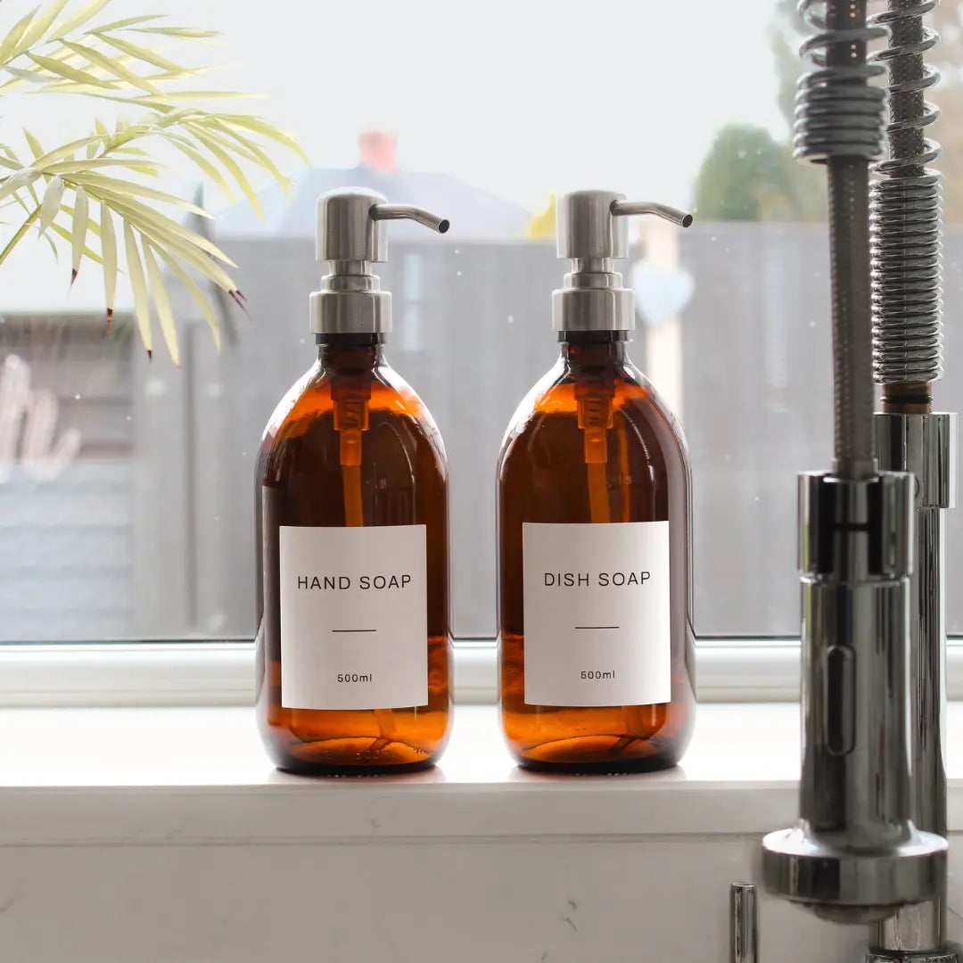 Labelled Amber Glass Dispenser Bottle With Silver Pump Namie Home